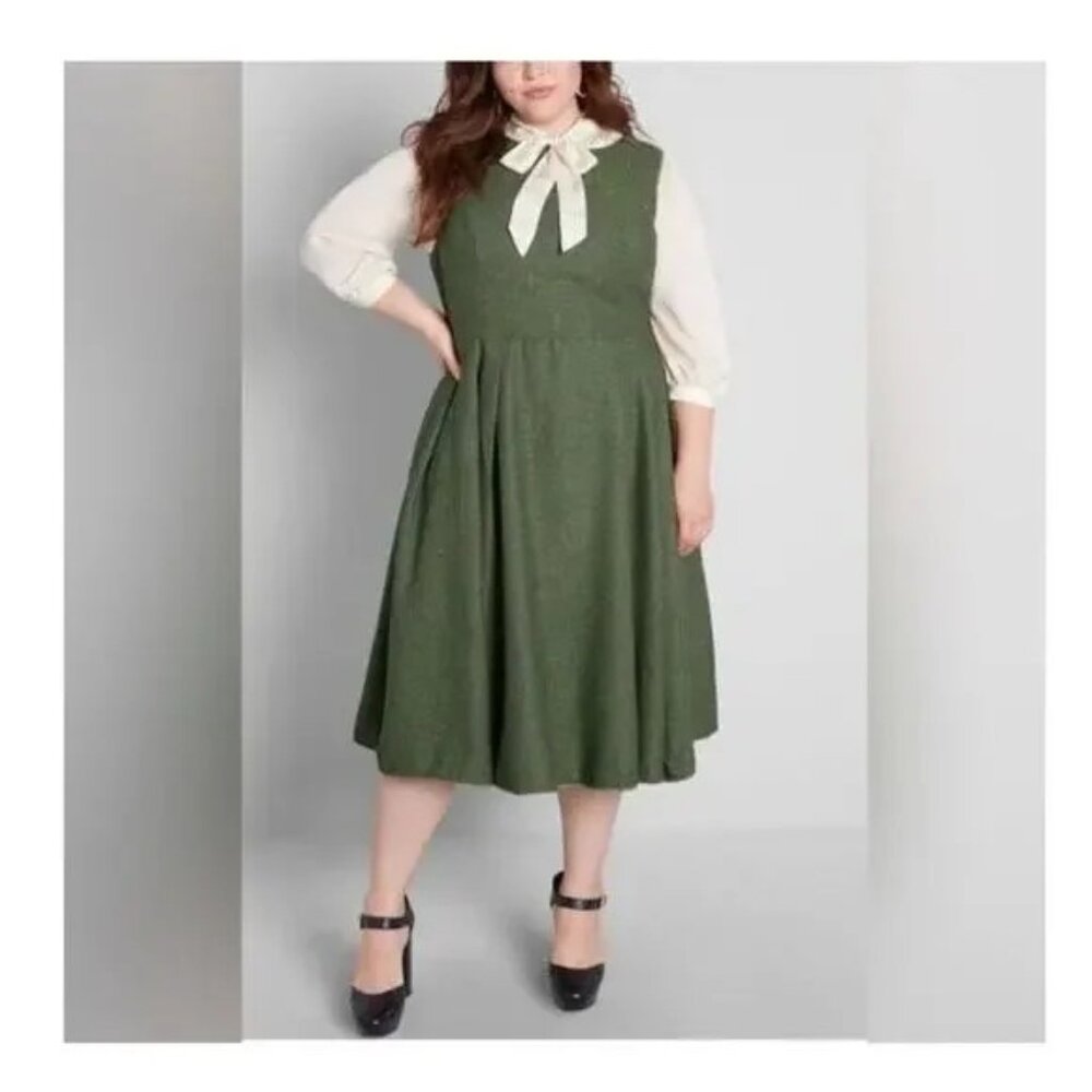 ModCloth x‎ Collectif Astrid Green Herringbone Fit & Flare Dress Women's XS